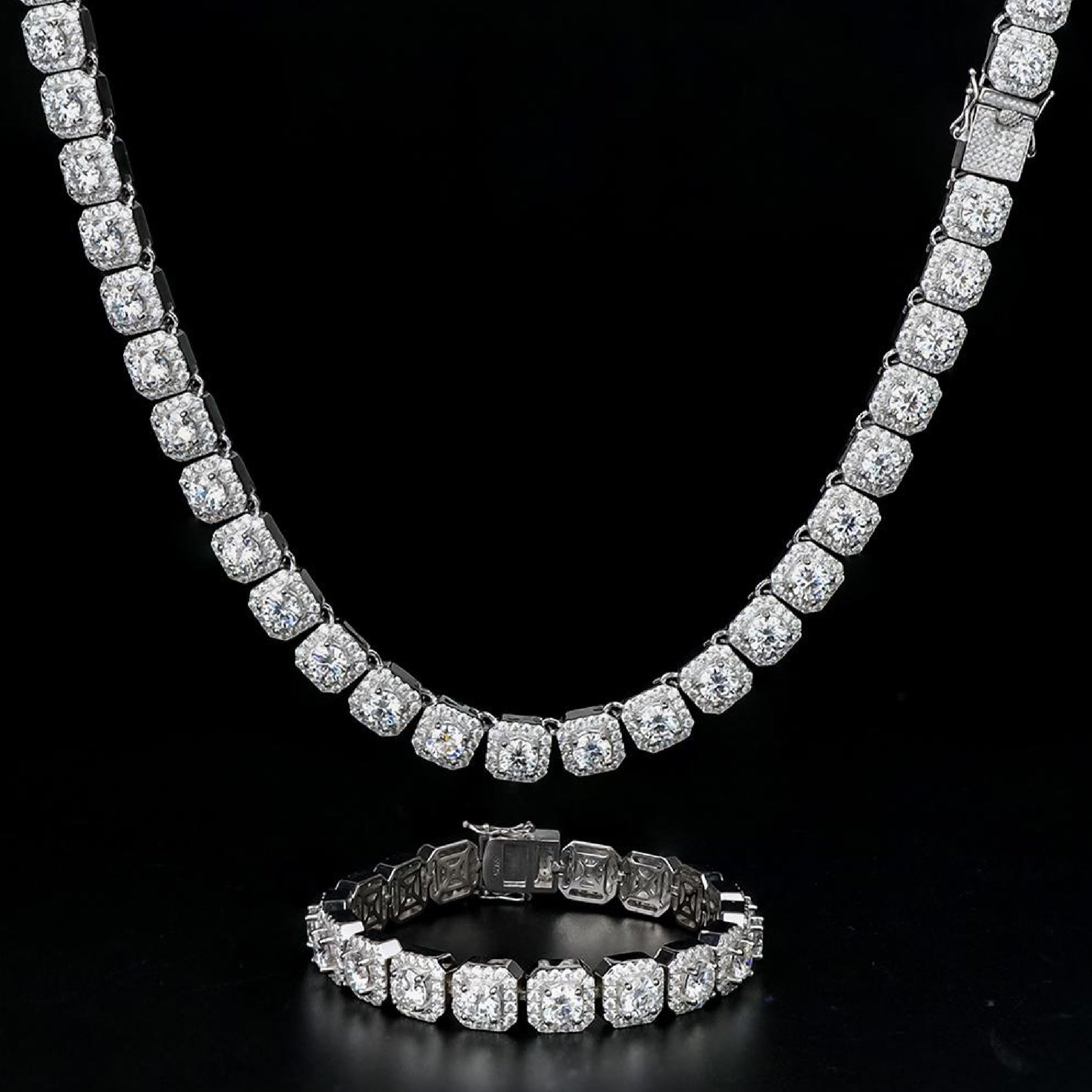 Cuban Square Chain und Armband aus 925 Silber mit VS1 Moissanite – NOBEL JEWELRY Set