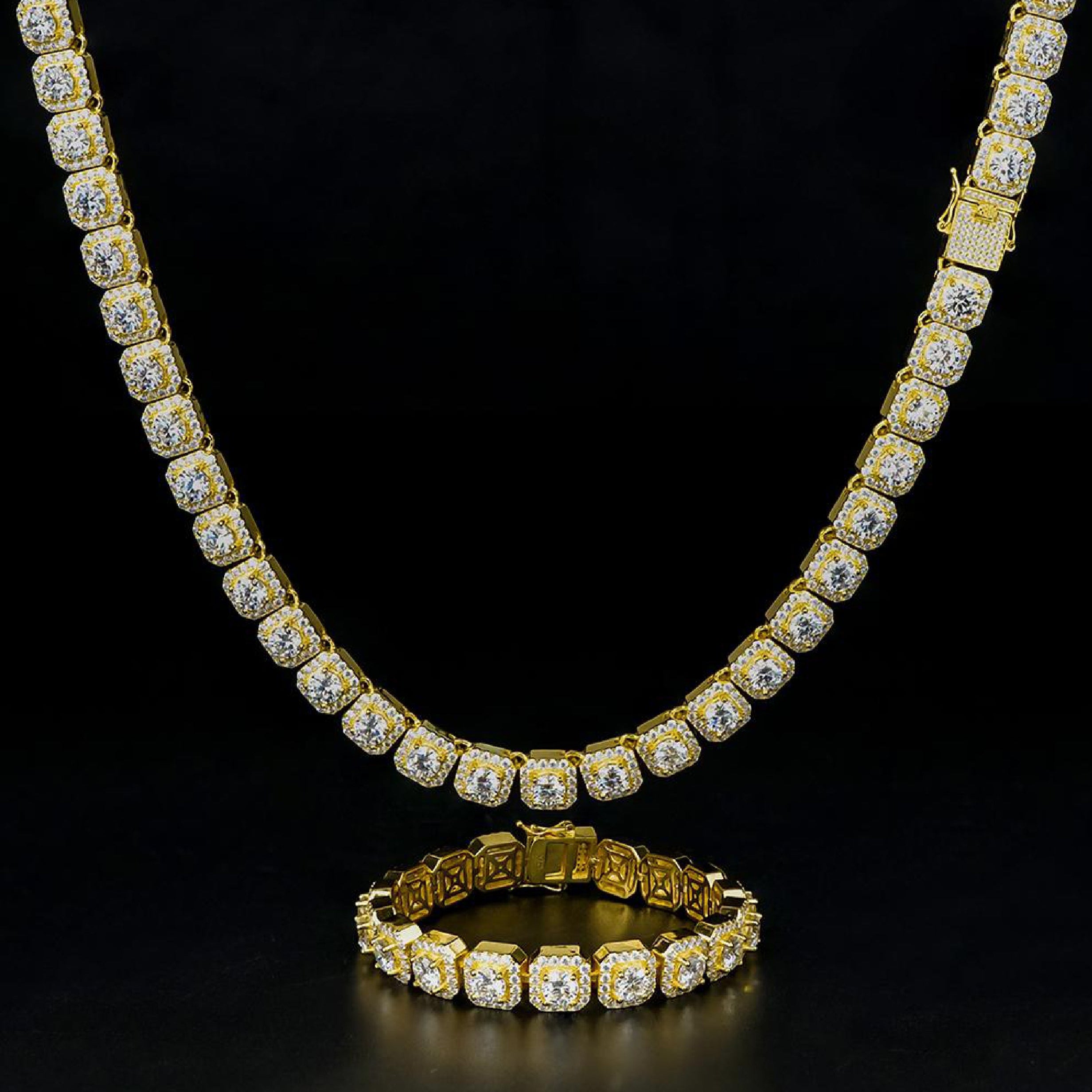 GOLD Cuban Square Chain und Armband aus 925 Silber mit VS1 Moissanite – NOBEL JEWELRY Set