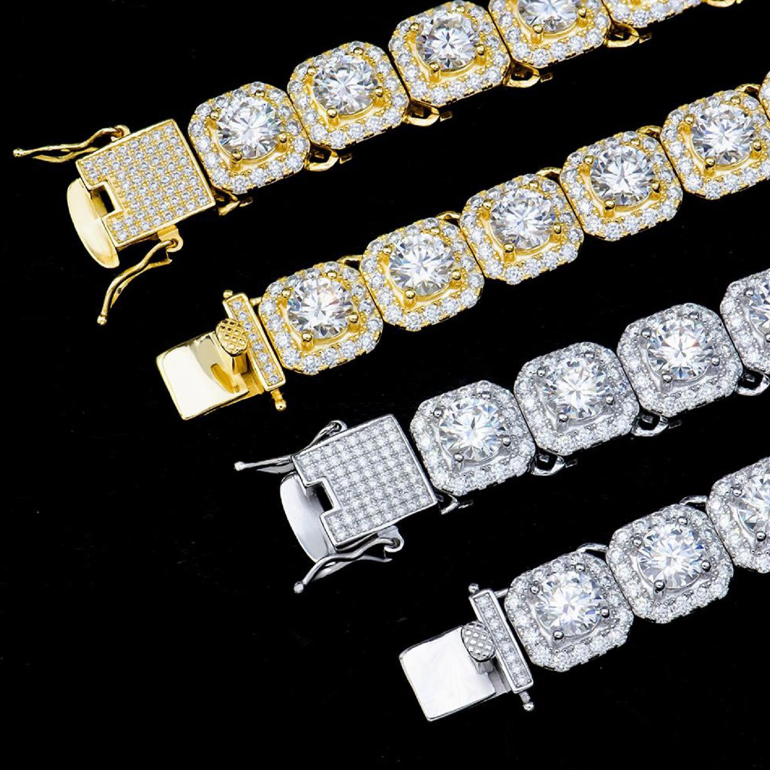 Farbvergleich: Moissanite Cuban Chain in Weißgold & Gelbgold – 925 Silber, Rhodium, Vergoldung NAHAUFNAHME