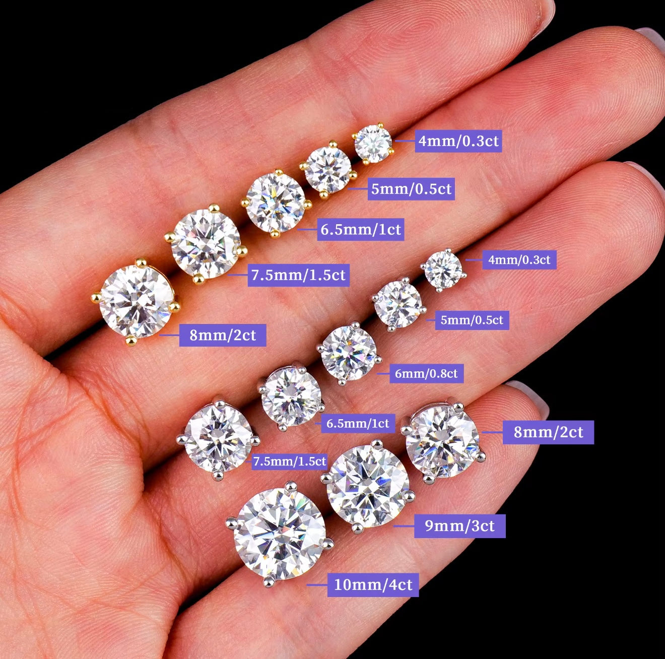 Moissanite Ohrstecker von NOBEL in verschiedenen Durchmessern, Größenvergleich von kleinen und großen Steinen in 18K Gold oder Platin Legierung.