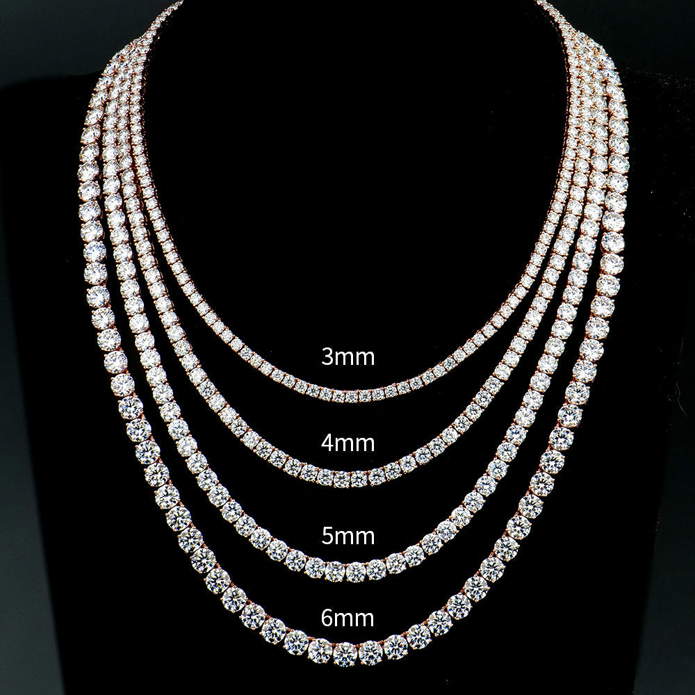 NOBEL Tennis Chain Größenvergleich, verschiedene Längen und Steinmaße nebeneinander dargestellt, Varianten in 925 Silber mit wahlweise 18K Gold oder Platin Legierung.